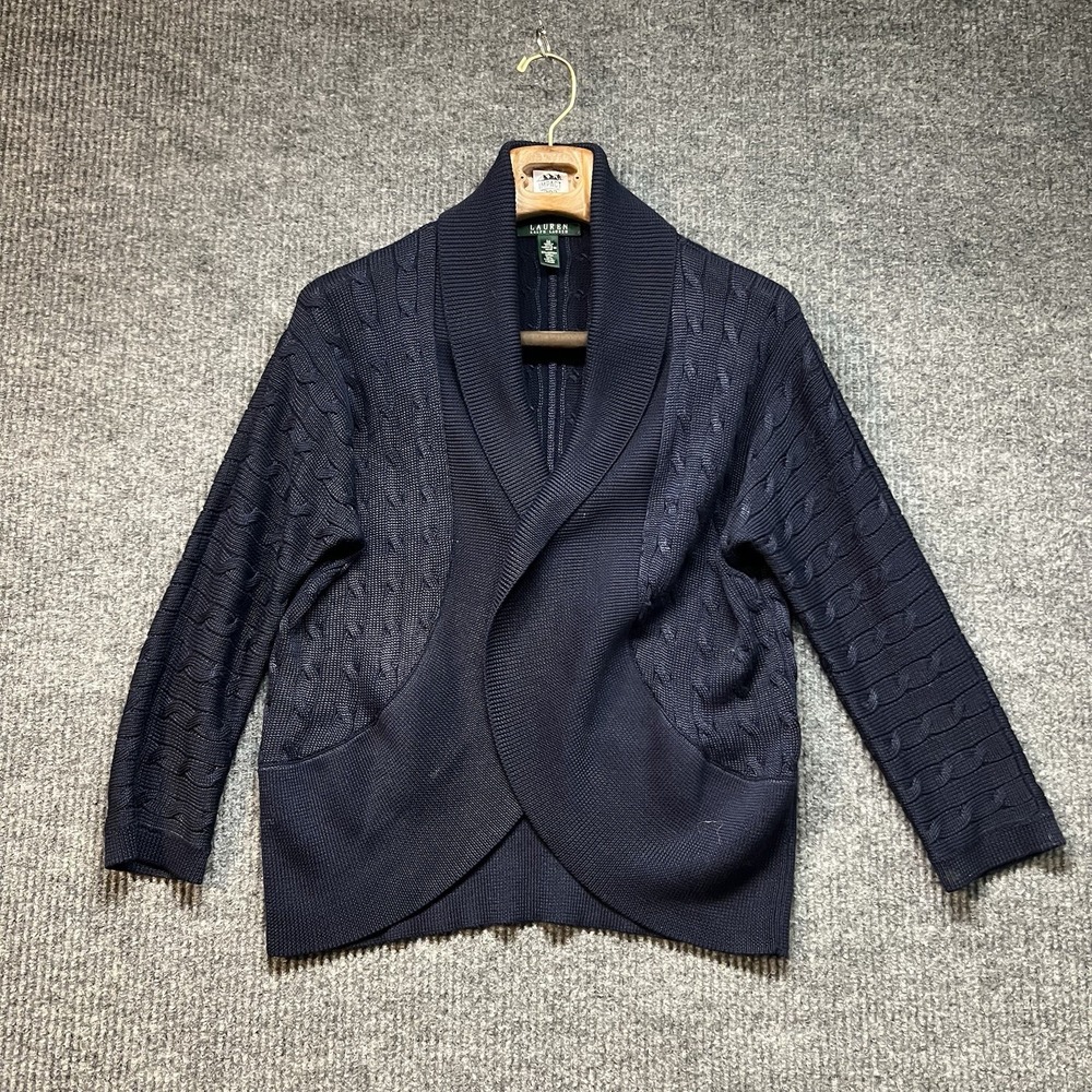 Lauren Ralph Lauren Cardigan Womens Medium Blue Cable Knit Open Front Casual‎
